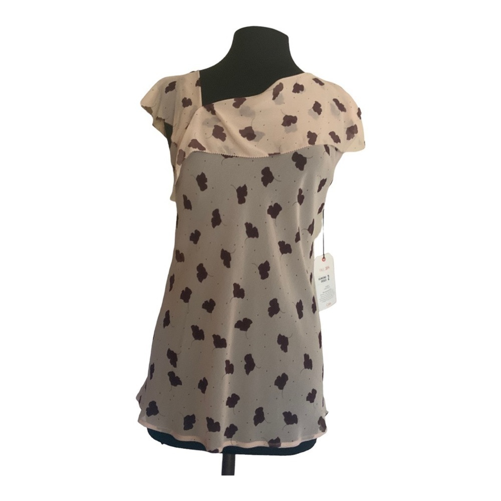 CAbi Vintage Sheer Blouse Ruffle Top Cream Brown Leaf Print #981 Pretty Boho Med